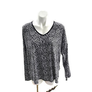 DKNY Women’s Blouse XL Black White Polka Dot V-Neck Long Sleeve Logo Top Dressy
